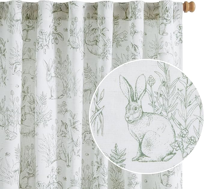 jinchan Linen Nursery Curtains 90 inch Long Woodland Wildlife Sage Green Print Drapes for Kid's Room Light Filtering French Country Farmhouse Curtains with Bunny and Forest Design Set of 2 Panels