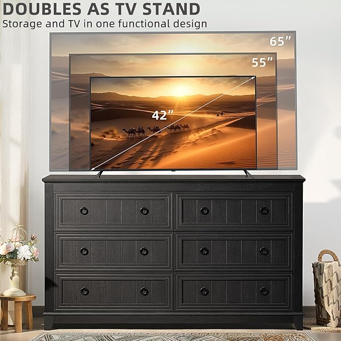 Farmhouse Living Room Sets, Night Stands Set of 2 and 6 Drawers Dresser for Bedroom, 58 Inch Wide Wood Dresser and 18.1" Night Stands with Charging Station for Bedroom, Living Room, Hallway