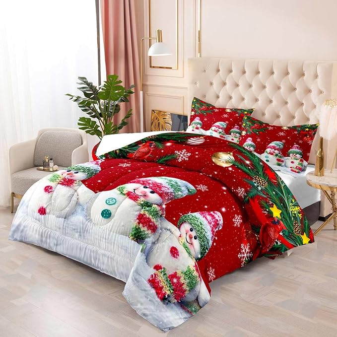 LUVIVIHOME 3PCS Merry Christmas Comforter Set Full Size, Funny Cute Snowman Bedding, Cardinal Snowflake Xmas Christmas Bedroom Decor for Kids Girls Boys Teens, Red Quilt, 2 Pillow Cases