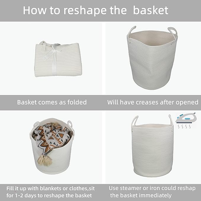Cotton Rope Laundry Basket Hamper for Clothes Decorative Woven Storage Basket for Living Room Bedroom Boho Tall Rope Baskets for Blanket Toys Baby Nursery Hamper Bin Large white