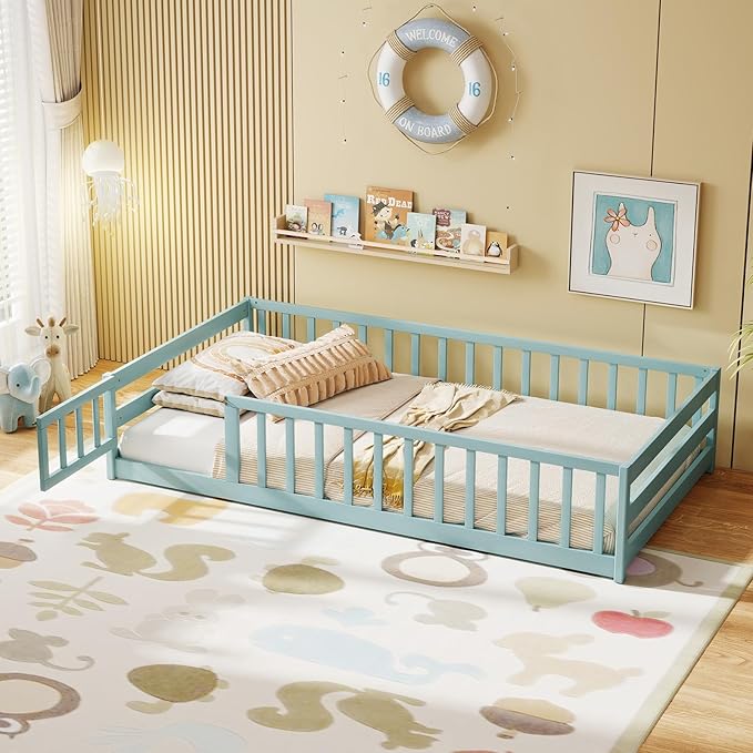 KOMFOTT Twin Size Wood Floor Bed with Door & Fence, Montessori Bed Frame with Full Length Safety Guardrails, Door & Latch, Wooden Montessori Floor Bed for Kids, Girls, Boys (Twin,Green)