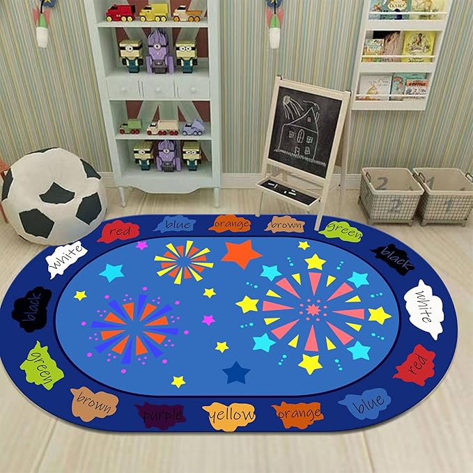 Kids Educational Rug, 6x8ft, Children's Area Rugs for Learning Colors and Shapes, Stars Firework Pattern Oval Rug for Classroom, Soft Non-Slip Blue Floor Mat for Boys Girls Bedroom Decor