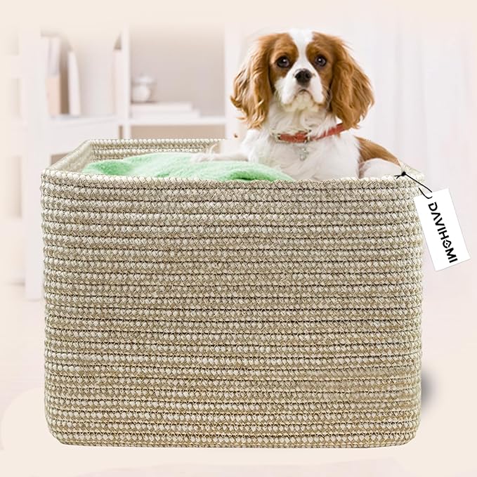 Square Woven Cotton Rope Basket for Organizing, Gift Baskets for Handles, Empty Gift Baskets, Toy Basket for bins|13.5" x 11" x 9.5" home decor for Living Room, Bathroom（Flax and White）