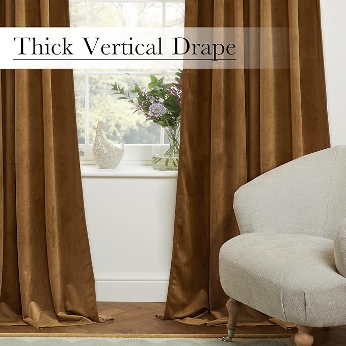 StangH Luxury Gold Brown Velvet Curtains 94 inches Long Back Tab Soft Thermal Insulated Room Darkening Window Drapes Home Decor for Bedroom Living Room, W52 x L94, 2 Panels