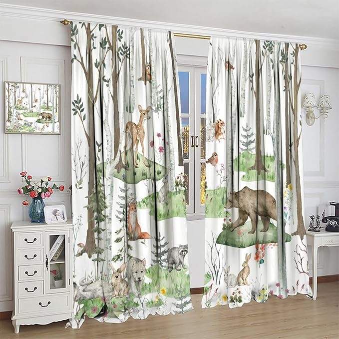 YCness Woodland Animals Curtains, Wild Animals Watercolor Forest Bear Deer Fox Rabbit Floral Nature Window Treatments for Bedroom Kitchen Nursery Living Room Drapes, 84x84 Inch