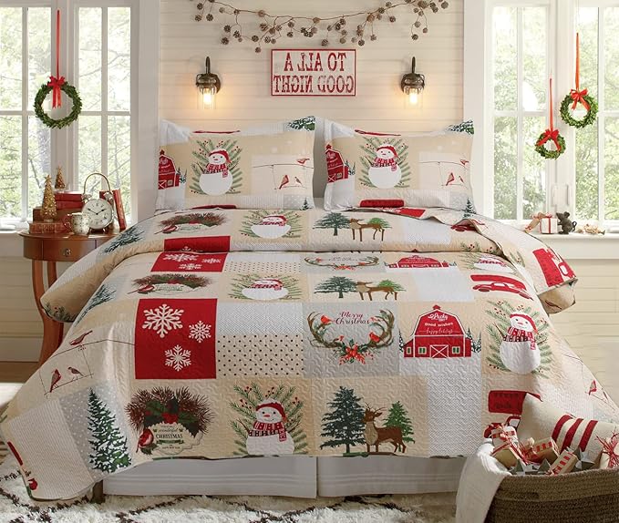 Christmas Quilt Set King Size Bedding Xmas Home Decor Holiday Quilt Lodge Snowman Plaid Patchwork Lightweight Quilt Set Bedding Reversible Christmas Bed Set