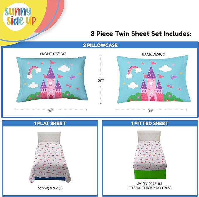 Sunny Side Up Magic Castle Twin Sheet Set - 3 Piece Kids Bedding Set Includes Pillow Cover – Super Soft Floral Butterfly Microfiber Sheets