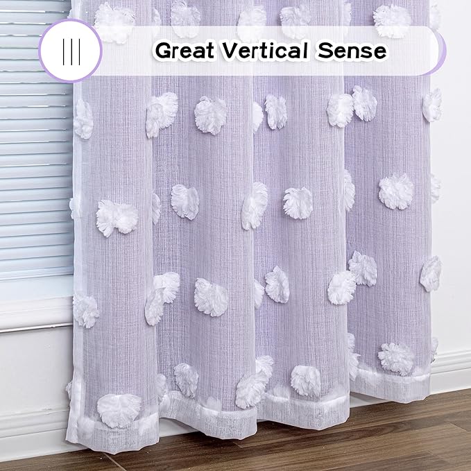 MYSKY HOME Light Blocking Lilac Curtains for Living Room White Sheer Pom Pom Kids Room Decor Drapes 108 Inches Long Double Layer Curtain for Sliding Door Grommet Window Panels Set of 2 52" x 108"