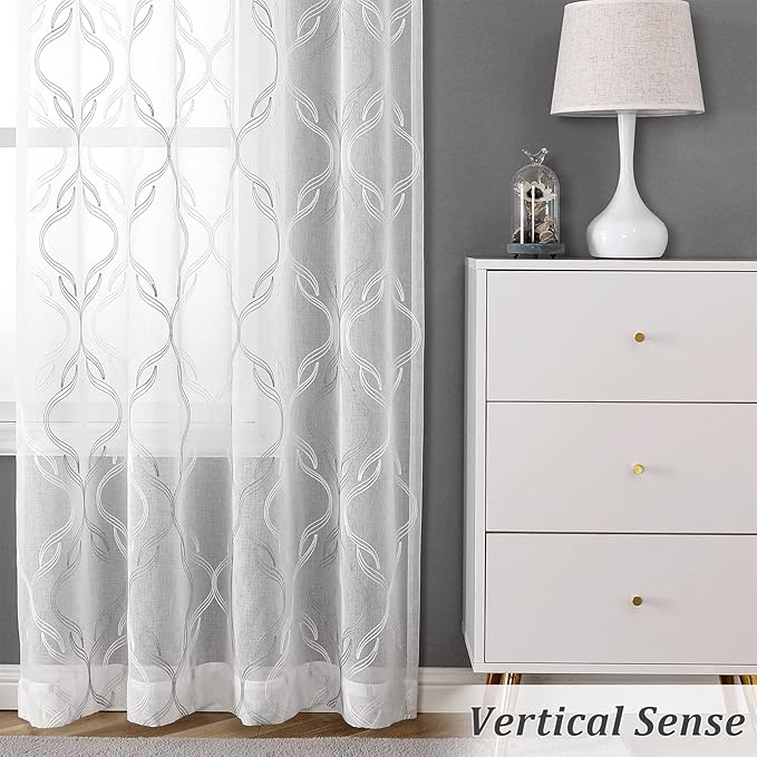 VISIONTEX Sheer Curtains 63 Inches Long 2 Panels Set, Grey and Ivory Moroccan Embroidery Texture Geometric Rod Pocket White Voile Tulle Semi Window Treatment Pair for Bedroom, W54 x L63