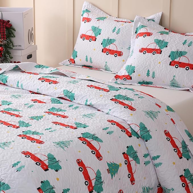 JSD 3 Pcs Kids Christmas Quilt Set Full/Queen, Red Truck Tree Christmas Theme Bedding, Soft Microfiber Bedspread Coverlet Holiday Quilted Blanket