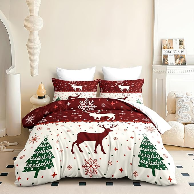 Christmas Duvet Cover Full Size Red Bow Deer Bedding Set 3 Pcs Kids Boys Girls Xmas Christmas Tree Comforter Cover with Zipper Closure (No Comforter)