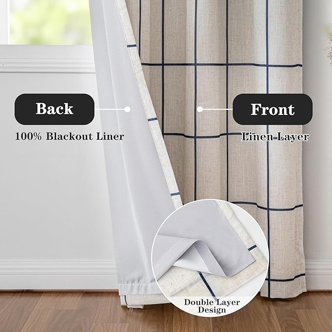 MYSKY HOME 100% Blackout Navy Blue Plaid Linen Curtains 90 Inches Long Double Layer Farmhouse Thermal Insulated Checkered Patterned Drapes Rod Pocket Back Tab for Living Room Dining Room, 2 Pcs, W52