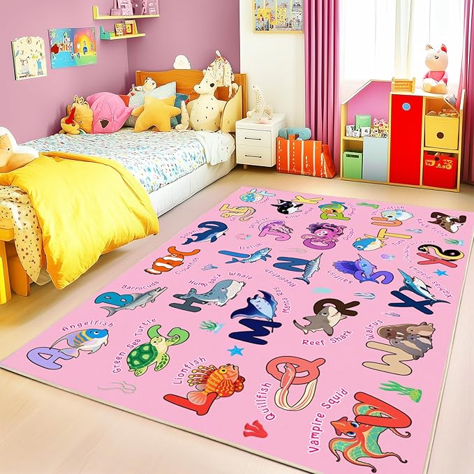 Kids Rug for Playroom, 3x4 Feet Educational Rug for Learn The ABC Alphabet, Soft Machine Washable Non-Slip Cute Marine Organisms Carpet for Classroom Toddler Nursery Kids Room Decor Mat, Pink