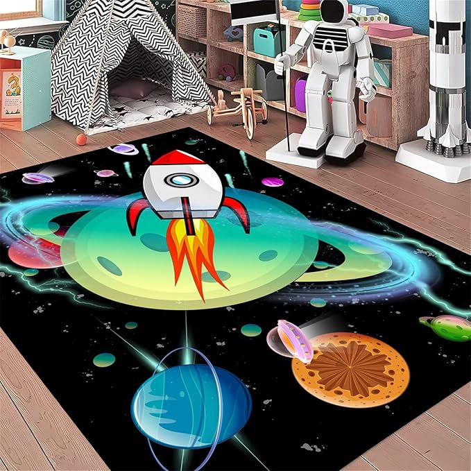 Outer Space Kids Area Rug,5x7ft,Kids Playroom Crawling Mat, Machine Washable, Non-Slip Carpet with Cartoon Planets and Rocket Design, Suitable for Boys' Bedroom, Class, Nursery Decorative Rug