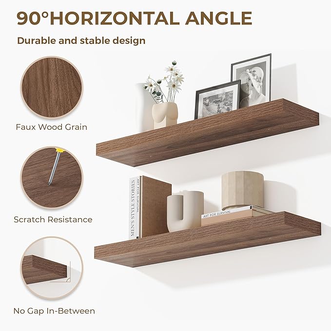 Dreamland 36 Inches Floating Shelves for Wall, 9.3" Deep Long Floating Shelves Set of 2, Large Display & Storage Shelf, Wall Shelf for Bathroom Bedroom Living Room Kitchen Office, Walnut