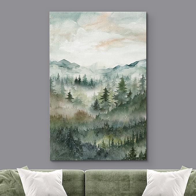 SIGNWIN Canvas Print Wall Art Misty Forest Landscape Watercolor Serene Mountain Pine Trees in Fog Illustrations Modern Art Decorative Landscape for Living Room, Bedroom, Office - 12"x18"