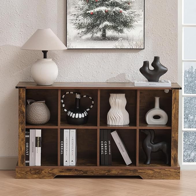 8 Cube Storage Organizer, Wood Cube Bookshelf with LED Lights, Horizontal Storage Cubes, Kids Bookshelf, Display Cabinet Cubby Shelf for Living Room Home Office Bedroom, Brown