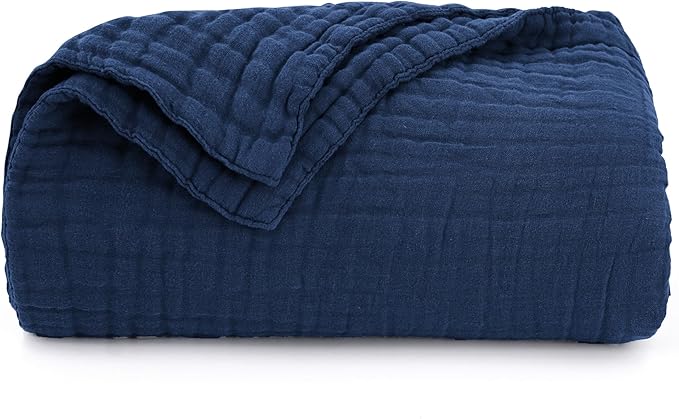 Love's cabin 6 Layer 100% Cotton Muslin Blanket, 108"x90" Muslin King Size Blanket for Bed Couch, Lightweight and Breathable Cotton Gauze for Adult, Dark Blue