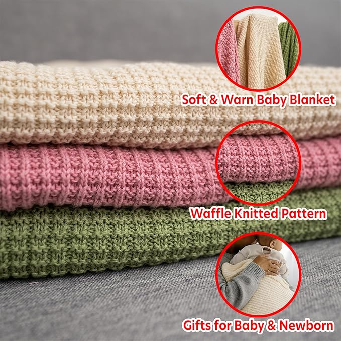 Baby Knit Blanket, 100% Cotton Waffle Patterns, Soft, Cozy, Lightweight Swaddle for Newborn & Infant Swaddling Beige Neutral, Perfect Baby Shower Ideas Cream 28x36