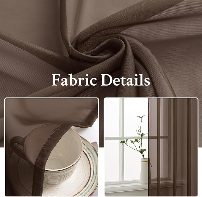 MIULEE Chocolate Brown Sheer Curtains 108 Inches Long 2 Panels, Light Filtering Voile Drapes with Rod Pocket for Bedroom and Living Room Windows