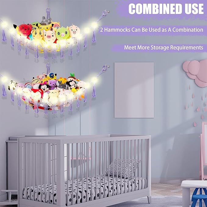 Stuffed Animal Hammock with LED Light, Large Stuffed Animals Storage Corner Plushie Net for Kids Room Decor, 2 Packs Purple