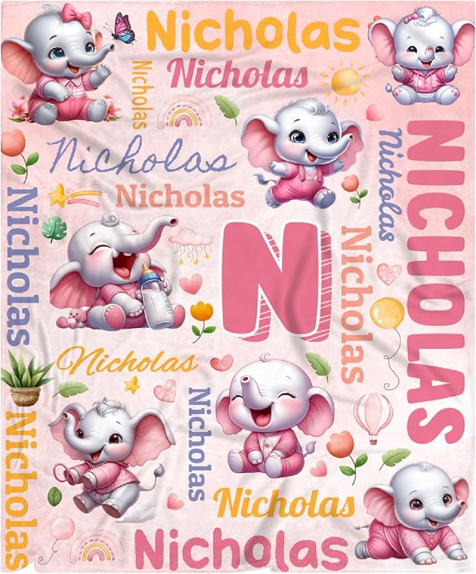 Personalized Custom Pink Elephant Preschool Blanket Gifts for Baby Toddler Kids Boys Girls - Customized Pink Elephant Soft Lightweight Flannel Sheets Decor for Crib Nap Couch - 30"x40" for Baby/Pets