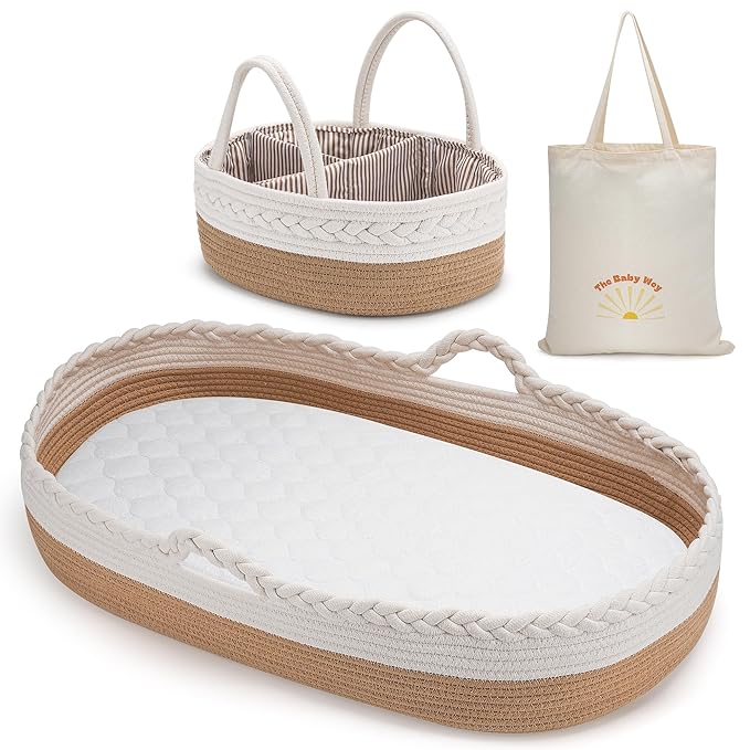 Baby Changing Basket by The Baby Wey, Moses Basket, Foam Basket Pad, 2 Washable Waterproof Pad Covers, Matching Diaper Caddy, Cloth Tote Bag for Traveling, Portable Changing Pad