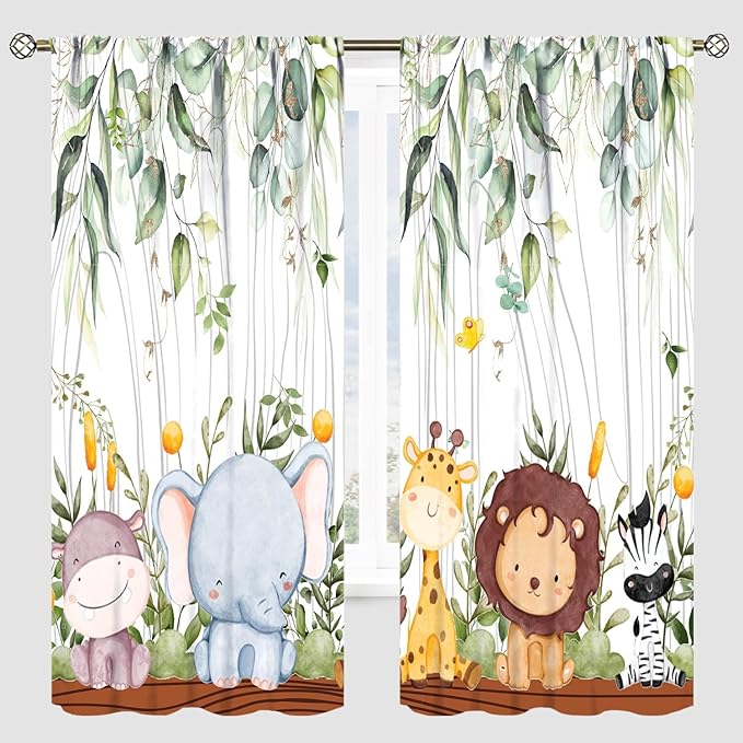 YCness Forest Animal Curtains, Watercolor Wild Animal Bear Fox Deer Kids Window Treatments for Living Room Bedroom, Green Woodland Tree Kids Drapes 2 Panel Sets,55x63 Inch