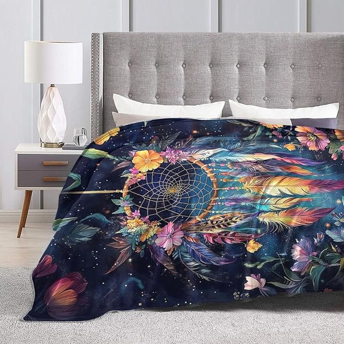 Dream Catcher Blanket Floral Feather Decor Throw Blanket Super Soft Flannel Lightweight Fluffy Plush Cozy Fuzzy Fleece Gifts Blanket for Girl Woman Man Boys Kids Adults for Bed Sofa 60"X80"