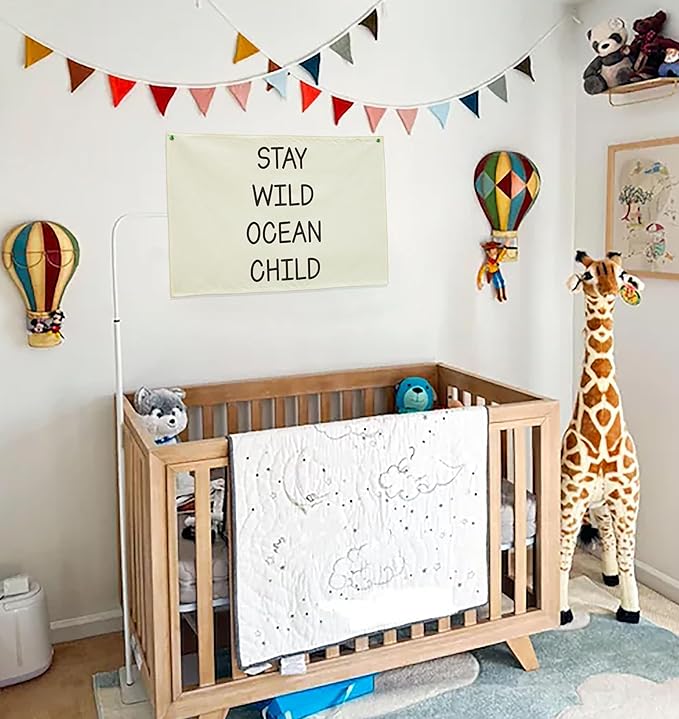 Nursery Canvas Banner Wall Decor-Hanging Rectangular Poster Flag Sign Art for Baby Kids Newborn Nephew,Bedroom Playroom Babyroom Door Decor,Stay Wild Ocean Child Quote,Christmas Gift 28.5"L x 20"W