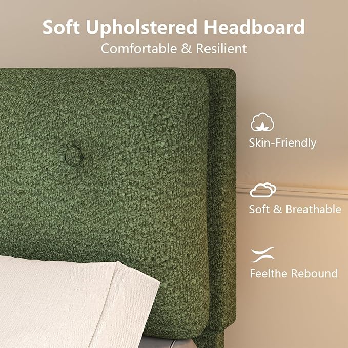 Queen Bed Frame with Headboard, Cloud Boucle Upholstered Bed Frame, Modern Soft Style, Adjustable Headboard, No Box Spring Needed, Easy Assembly, Green