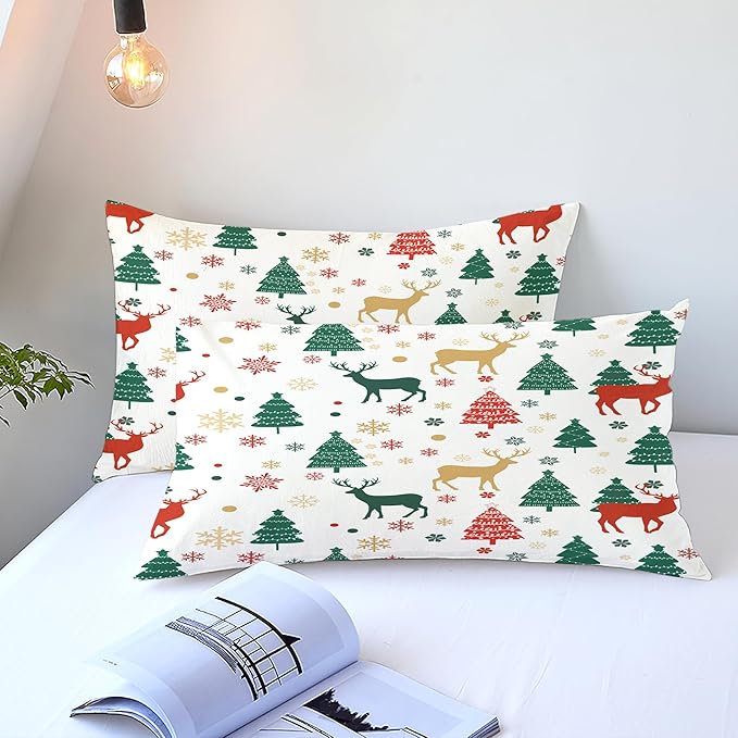 Christmas Duvet Cover King Size Green Christmas Tree Bedding Set 3 Pieces Kids Boys Girls Xmas Deer Pattern Comforter Cover with Zipper Closure