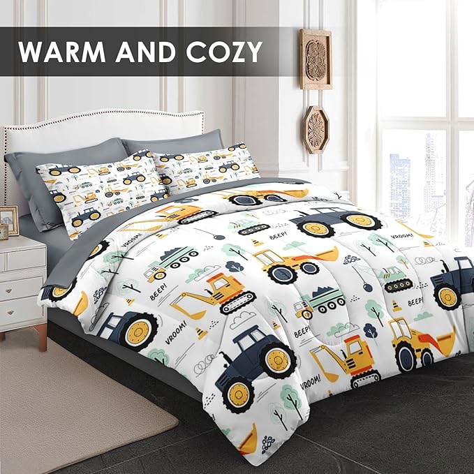 7 Pcs Full Size Comforter Set with 2 Pillowcases & 2 Shams, Tractor Bedding for Kids and Adults, Construction Truck Bedding Set with Flat & Fitted Sheet