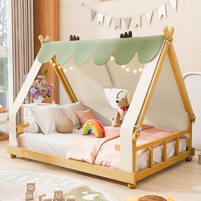 Full Size House Bed for Kids with Light and Tent, Montessori Floor Bed Full for Kids Girls Boys Teens Bedroom, White