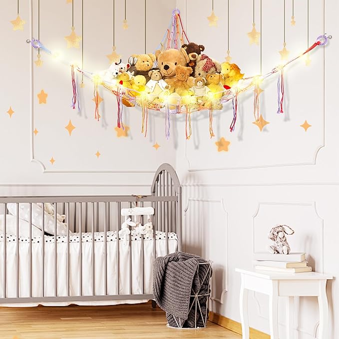 Stuffed Animal Hammock with LED Light, Large Stuffed Animals Storage Corner Plushie Net for Kids Room Decor, Jumbo Rainbow