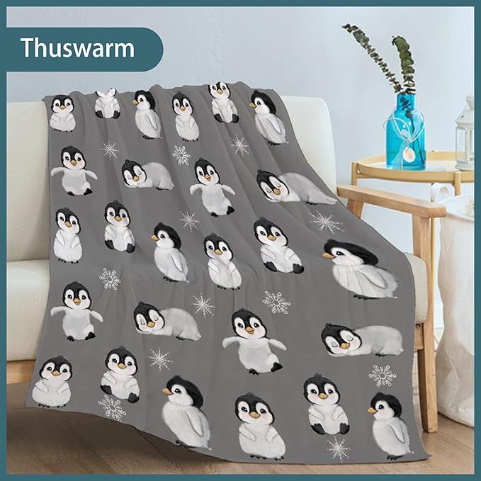Thuswarm Cute Penguin Grey Flannel Throw Blanket Gifts Warm Cozy Soft Funny Print Blankets for Summer Room Decoration Bed Couch Sofa 50”×40” Small for Kid