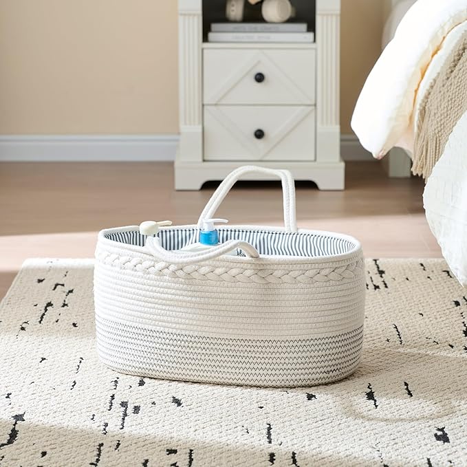 luxury little Diaper Caddy Organizer, Large Cotton Rope Nursery Baby Basket, Changing Table Organizer for Baby Diaper Storage, Portable Car Organizer with Removable Divider, Baby Shower Gifts - White