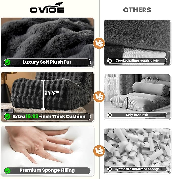 ovios Bean Bag Chair for Adult, Giant Beanbag with Plush Faux Fur, Comfy Large Big Lounger Floor Lazy Chair for Indoor Fireside Living Room Bedroom Dorm, Dark Grey
