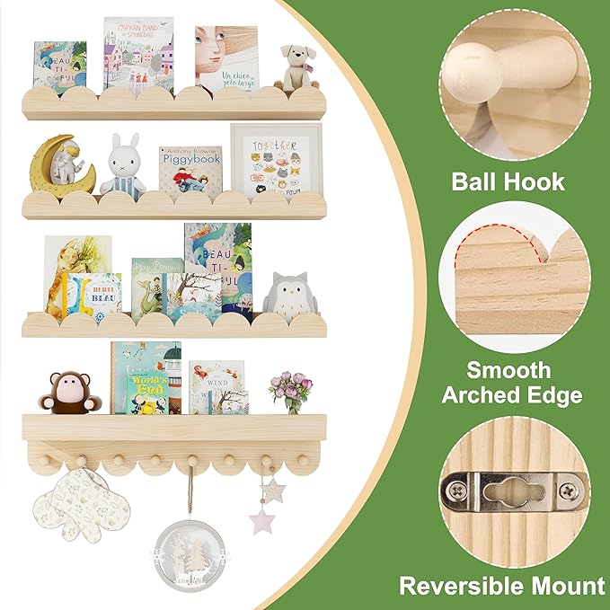24 Inch Nursery Book Shelves with Hooks, 4-Pack Floating Shelves for Wall, Scalloped Shelves, Wall Book Shelves for Kids Room, Toddler Room, Baby Room, Nursery Decor