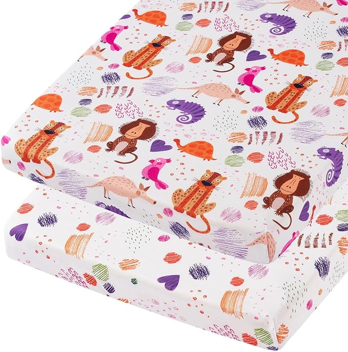 TILLYOU Mini Crib Sheets Fitted 2 Pack, Pack and Play Sheets for Toddler Mattress, Soft and Breathable 38”x 24” Pack n Play Mattresses Cover, Animal Graffiti & dot Printing