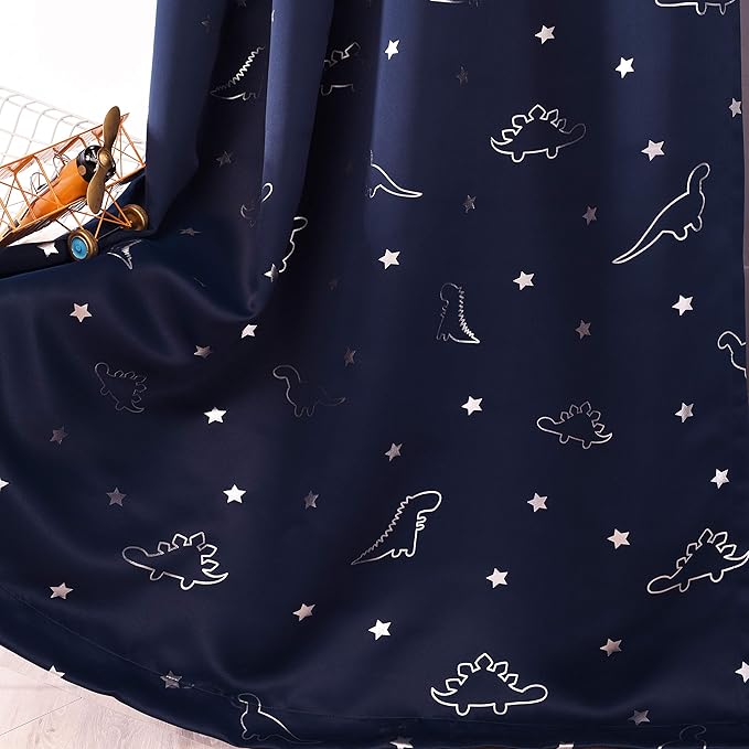 LORDTEX Dinosaur and Star Foil Print Blackout Curtains for Kids Room - Thermal Insulated Curtains Noise Reducing Window Drapes for Boys and Girls Bedroom, 42 x 63 Inch, Navy, Set of 2 Panels