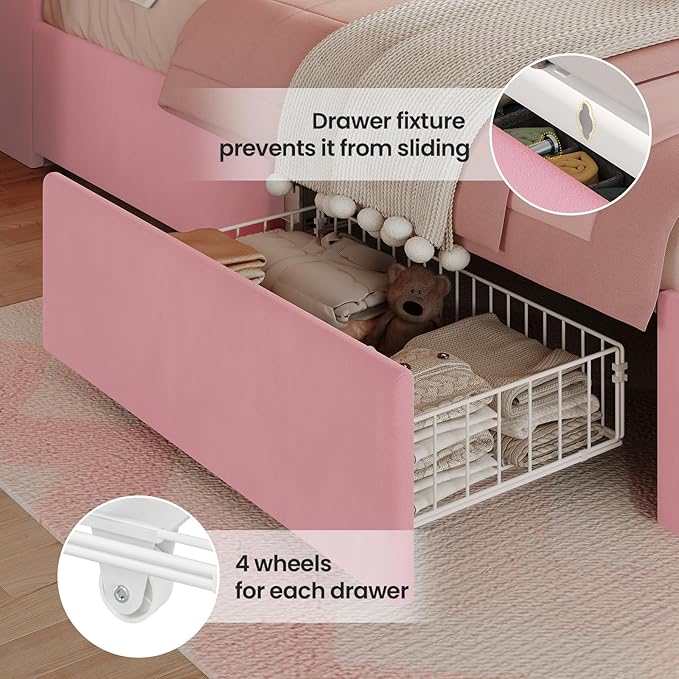 BTHFST Full Bed Frame with Storage Headboard & 4 Drawers, Girl Upholstered Storage Bed with LED Lights & Charging Station, No Box Spring Needed, Easy Assembly, Pink