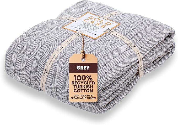Gold Case Throw Blanket for Bed - 100% Recycled Turkish Cotton Blanket - Retro Lightweight Soft Throw Blankets for Bed & Living Room - Twin Size Cozy Blankets - 71x90 - Grey
