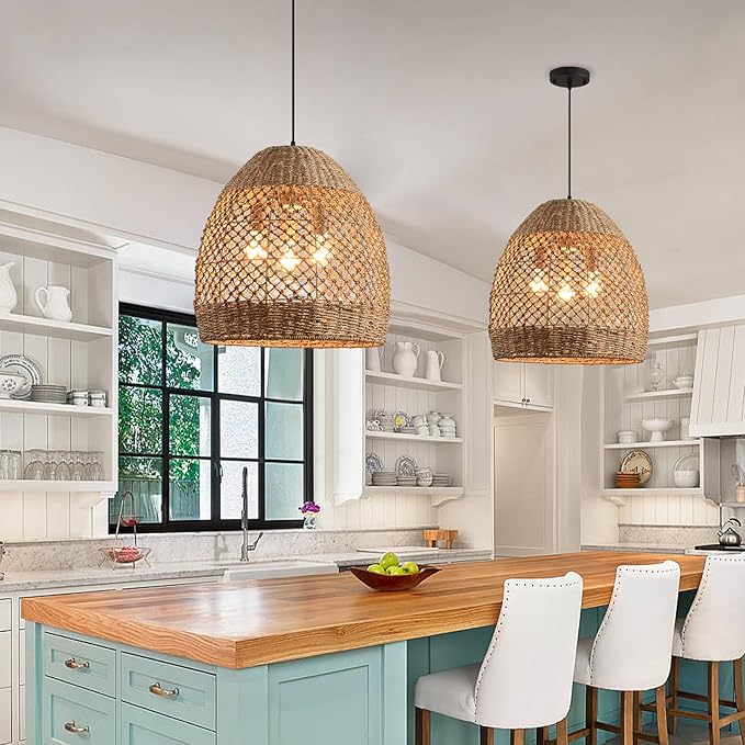 19.7" Rattan Light Large Pendant Light Fixture,Boho Coastal Ceiling Hanging Woven Wicker Chandelier of Farmhouse Living Room Kitchen Island Dining Room, Hallway