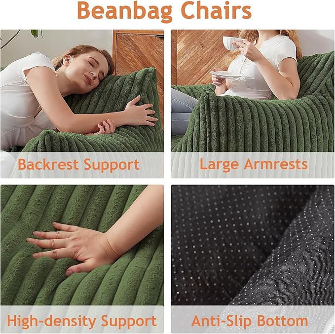 Giant Bean Bag Chairs for Adults with Filling Plush Fluffy Bean Bag Chairs for Teens with Armrests Comfy BeanBag Lazy Couch Sofa Chair for Bedroom Living Room Reading (Green, L-for Adults)