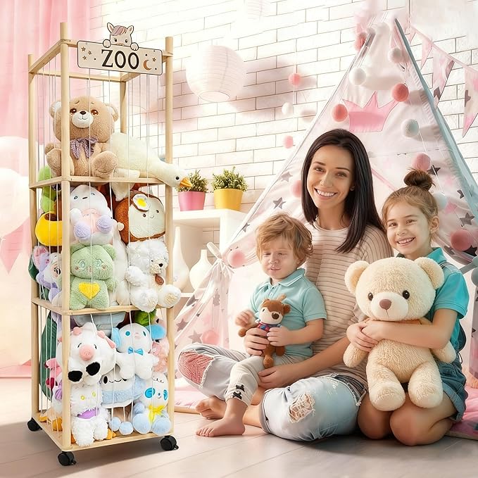 Wooden Stuffed Animal Storage Zoo Organizer - Large Capacity Plushies Holder with Elastic Cords for Stuffed Animals Storage in Playroom, Bedroom and Nursery