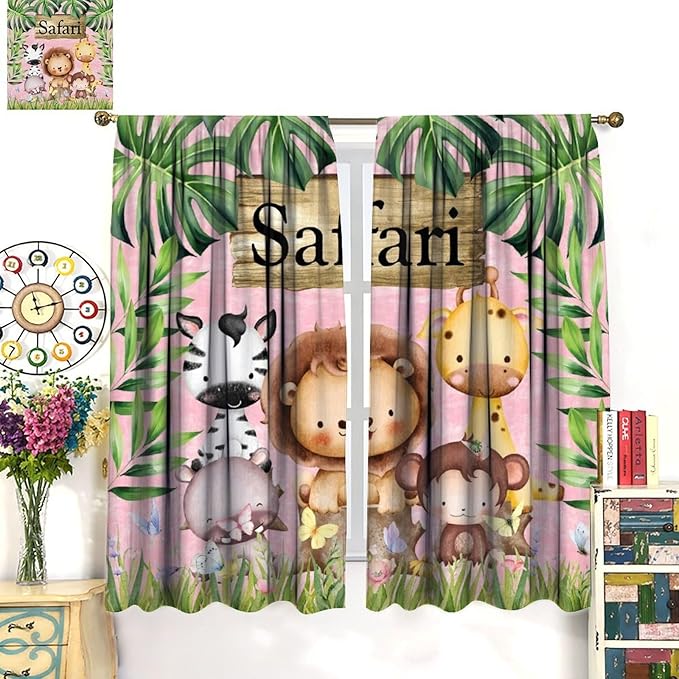 Kids Safari Animals Curtains, Cartoon Wildlife Tropical Leaf Pink Window Treatments, Rod Pocket Thermal Insulated Drapes 2 Panel Sets for Bedroom Nursery Classroom, 42" W X 45" L