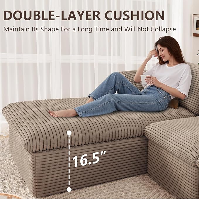 107" Cloud Modular Sectional Sofa with 1 Ottoman, Modern Upholstered Corduroy Couches, Comfort U Shaped Sofa for Living Room, Deep Seat Boneless Couch, No Assembly Required(Camel,Left Facing Chaise)