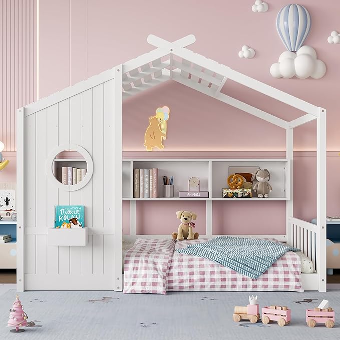 Linique Twin Size Floor Bed Playhouse Design with Storage Shelf, Low Profile Wooden Pitched Roof House Platform Bed Frame,No Box Spring Needed(White)