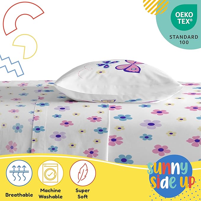Sunny Side Up Flutter Toddler Sheet Set - 3 Piece Toddler Bedding Set Includes Pillow Cover - Super Soft Floral Microfiber Sheets
